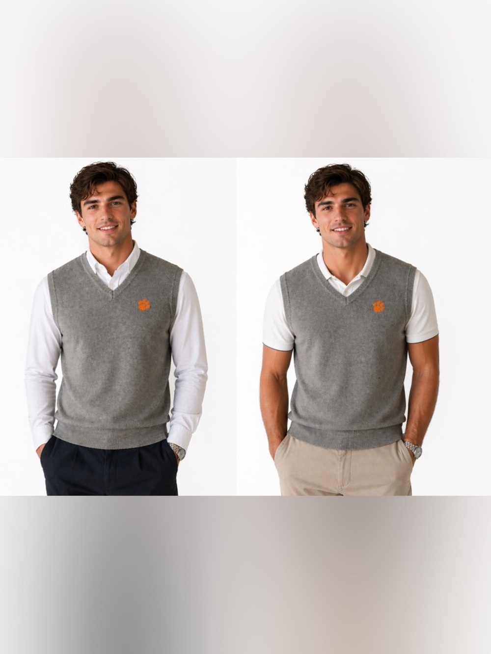 Clemson Tigers Vantage Gray V-Neck Sweater Vest Orange Paw Logo Size L - Picture 2 of 12